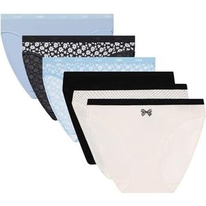 Dim Damesslip, 6 stuks, katoen, stretch, comfortabele slips van katoen en elastaan, meerkleurig, dagelijkse stijl, Sunday Bloom set, zwarte strik, XS/S