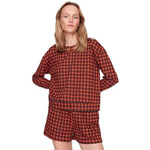 Trendyol Dames Plaid Midden Geweven T-shirt-Korte Pyjama Set, Bourgondy, XL