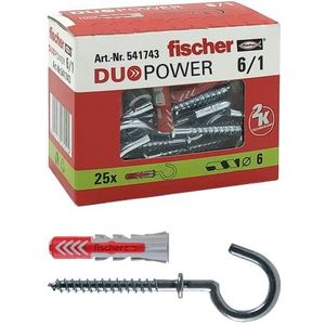 Fischer 25 stuks Duopower pluggen met open oog, 6 x 30 mm universeel, voor massieve muur, geperforeerde baksteen, gipsplaat, 541743