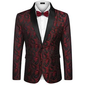 COOFANDY Mens Floral Tuxedo Jacket Paisley Shawl Lapel Suit Blazer Jacket for Dinner,Prom,Wedding Wine Red