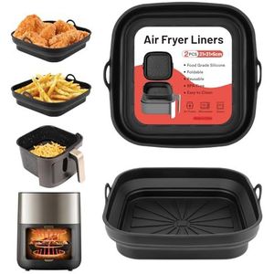 Alyvisun Air Fryer Siliconen Pot, 2 Stuks Airfryer Pan Liners Herbruikbare Heteluchtfriteuse Mand Vierkant Opvouwbare Tray Rack Accessoires Basket voor Magnetron, Oven (Zwart)