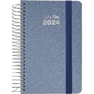 Grafoplás | Dagplanner A6 | 2024 | Spaans | 10,5 x 16,5 cm | hardcover | gemetalliseerde stoffen bekleding | elastische sluiting | Arctic Blue | serie Metallic