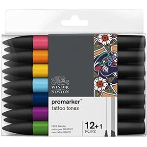 Winsor & Newton 0290162 ProMarker professionele markeerstift — 2 fijne en brede tips voor tekenen, ontwerpen en lay-outs — tattoo-set met 13 pennen