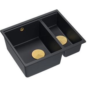 Quadron Logan 150 Granieten spoelbak, spoelbak, keukenspoelbak, afmetingen 55,5 x 46 x 22 cm, puur carbon & goud, Logan 150 granieten spoelbak, dubbele wastafel, kastbouw vanaf 60 cm
