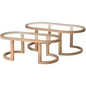 DRW Set van 2 ovale salontafels van natuurlijk hout en glas, 47 x 122 x 61 cm
