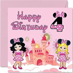4e verjaardagskaart meisje - Fantasy Castle Mouse - Happy Birthday-kaart 4 jaar oud meisje, meisjesverjaardagskaarten voor haar, 145 mm x 145 mm wenskaart voor dochter, nichtje, kleindochter, zus, God