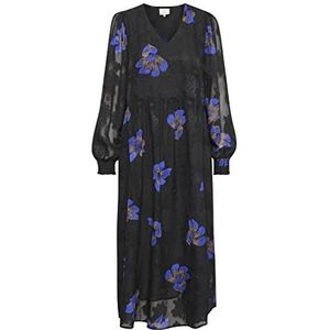 KAFFE Dames Balloon Sleeves Midi Dress Embroidered, zwart/blauwe grote bloem, 38