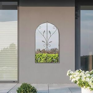 MirrorOutlet The Arcus - betonnen kleur ingelijst moderne gebogen tuin muur spiegel 31"" X 18"" (80CM X 46CM) Zilver Spiegel Glas met Zwarte All weather Backing.