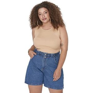 Trendyol Damesblouse in grote maten met ronde hals en standaard slim fit, Kameel, 46