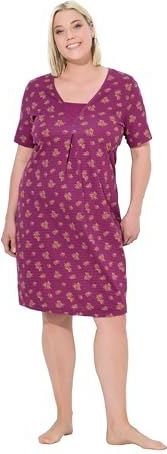 Dames Nachthemd - Fuchsia Roze - Gestreept/Bloemen - V-hals - Halve Mouwen