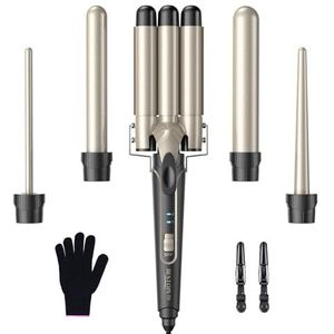 BESTOPE PRO Set golvend - Krultang met 3 opzetstukken voor grote krullen geen krullen keramische krulspelden verschillende opzetstukken temperatuurinstelling snelle opwarming handschoen 2 clips