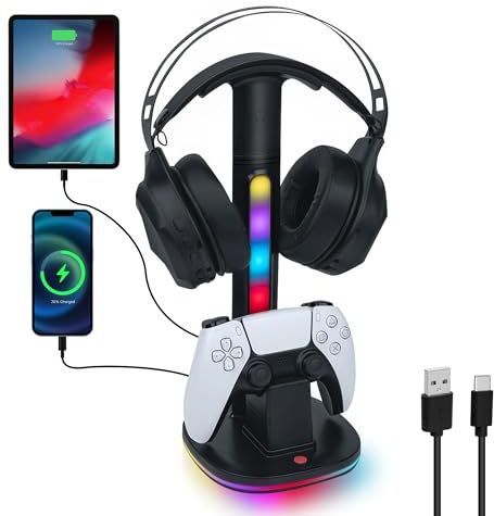 Tolesum Oplader Headset Stand voor PS5-controller, RGB-houder voor DualSense PS5 & Edge Controller, met 2 USB-poorten, zwart