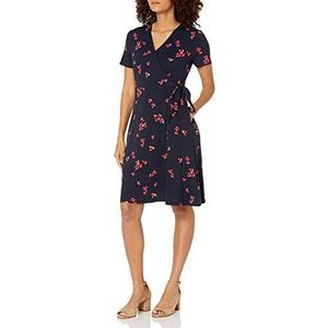 Amazon Essentials Faux-wikkeljurk met korte mouwen voor dames, marinerode bloemen, klein