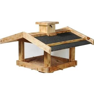 dobar® Gevlamd vogelvoederhuis voor montage op staande montage, vogelhuis voor wilde vogels van massief hout, voederstation om neer te zetten, vogelvoederplaats, 47 x 45 x 32 cm, grenen bitumen