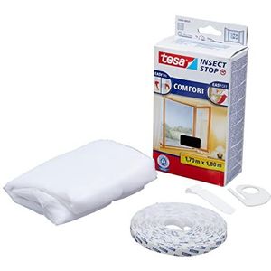 tesa Insect Stop Comfort Vliegenhor voor Ramen - Insectenhor, raamhor - Met klittenband - Snijd op maat - Zonder boren - Muggenhor, wit, 170 cm x 180 cm