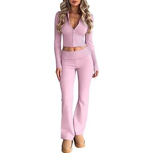 LILLUSORY 2-delige outfit voor dames, 2023, casual, trendy, smalle pasvorm, capuchontrui, loungesets, lichtroze, M
