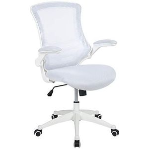 Witte draaiende LeatherSoft werkbureaustoel met wit onderstel en met middelhoge rugleuning van gaas en opklapbare armleuningen