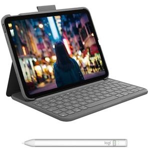 Logitech Slim Folio Keyboard Case voor iPad (10e generatie en A16) met geïntegreerd draadloos Bluetooth-toetsenbord, QWERTY US INT'L, Crayon digitaal potlood iPad (iPads met USB-C-poorten)