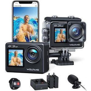 WOLFANG Actie Camera GA200 4K 24MP WiFi videocamera, onderwatercamera 40M waterdichte, 170° groothoekcamera, verbeterde IS-afstandsbediening, 2 x 1050 mAh batterijen, meerdere batterijen accessoires