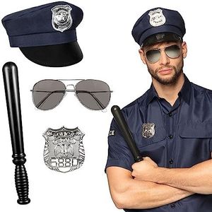 Boland 01410 - Politie set, pet, feestbril, badge en wapenstok 33 cm, zwart-zilver, sheriff, politieagent, kostuum, carnaval, themafeest