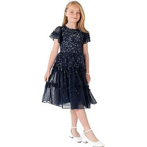 Maya Deluxe Meisjesjurk Pailletten Ruches Sprankelende Party Korte Mouw Midi Bruiloft Gast Tutu Frilly Kids Childrens Prom Bruidsmeisje, marineblauw, 3-4 jaar