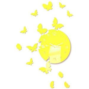 FLEXISTYLE Grote moderne wandklok vlinder rond 30 cm, 15 vlinders, woonkamer, slaapkamer, kinderkamer, product gemaakt in de EU (geel)