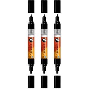 Molotow One4All Acrylic Twin Marker (1,5 en 4,0 mm lijndikte, zeer dekkend en permanent, sneldrogend, navulbaar, voor bijna alle ondergronden), 3 stuks, kleur 252, glanzend zwart