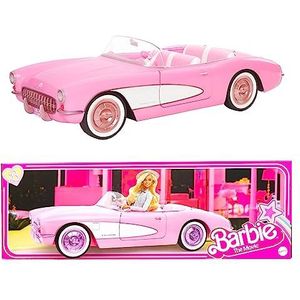 Barbie auto uit Barbie The Movie, verzamelobject, vintage-achtige roze Corvette cabrio met White Wall banden en kofferbak, HPK02