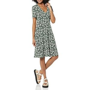 Amazon Essentials Dames korte mouwen V-hals verzamelde fit & flare jurk, donkergroen bloemen, XS