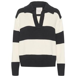 Part Two Damestrui V-Notch Neck Johnny Collar Casual Fit Rib Knit, Dark Navy Bold Stripe, L