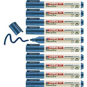 edding 21 Ecoline permanent marker - blauw - 10 stiften - ronde punt 1,5-3 mm - sneldrogende permanent marker - watervast en wrijfvast - voor karton, kunststof, hout, metaal - universele marker