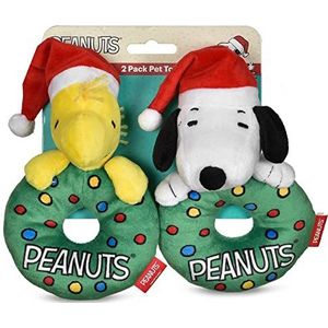 Peanuts Holiday Snoopy en Woodstock krans pluche ring huisdier speelgoed 2 stuks hondenspeelgoedset | Medium piepend hondenspeelgoed, schattig en zacht gevuld hondenspeelgoed officieel gelicentieerd