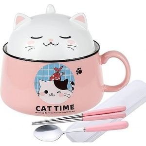 lachineuse - Japanse Ramen kom met deksel - Kawaii kattenkom - instant noedels en ontbijtschaal - met bestek - cadeau-idee Anime Japan - Chinese kom voor kinderen en volwassenen - roze