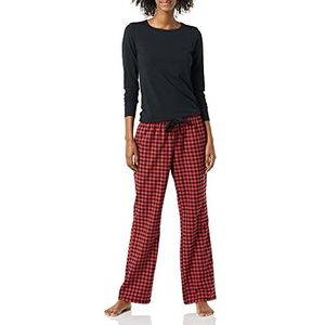 Amazon Essentials Lichtgewicht flanellen damesbroek en T-shirt met lange mouwen, slaapset (verkrijgbaar in grote maten), rood/zwart, mini buffelpatroon, XXL