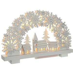 WeRChristmas Pre-verlichte sneeuwvlok boog en dorp scène kerst tafelblad decoratie, hout, 32 cm - wit