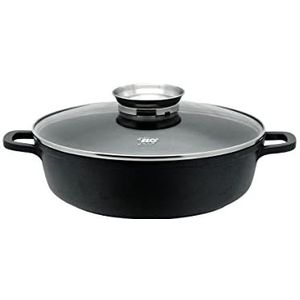 Elo 8667426 ronde kookpan met glazen deksel, 24 cm, kookpan, gietijzeren kookpan met deksel, geschikt voor alle soorten fornuizen en oven, gegoten aluminium, glas, roestvrij staal, zwart, 24 cm