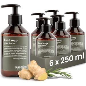 Jean & Len handzeep Rozemarijn & Gember, reinigt gestreste handen, voor dagelijks gebruik, vloeibare zeep in navulbare pompdispenser, zonder parabenen, siliconen & microplastics, 6 x 250 ml