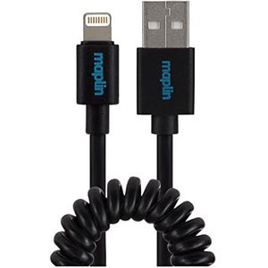 Maplin Lightning naar USB-A opgerolde krullende oplaadkabel die zich uitstrekt tot 0,5 m, zwart, compatibel met alle iPhones 14, 13, 12, 11, SE, iPad Air/Mini (2019), iPad (tot 2021), Airpods (met
