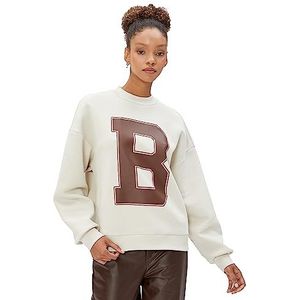 Koton Sweatshirt voor dames, lange mouwen, geribde letterprint, ronde hals, beige (050), XL