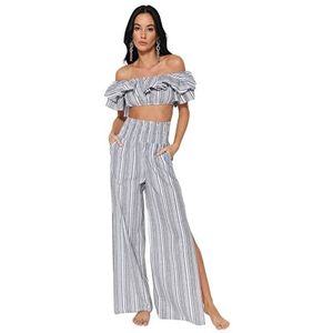 Trendyol Vrouwen Gestreepte Gimped Gedetailleerde Geweven Tweedelige Set, Grijs, 60