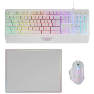 MARSGAMING MCP124, 3in1 Gaming Combo, Ergonomisch H-Mech LED RGB Toetsenbord, RGB Muis 3200DPI HUANO Switches, Nanotextiel Muismat 360x260mm, Multiplatform Compatibiliteit, Portugees Layout, Wit