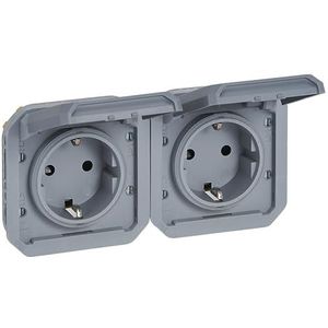 LEGRAND, Plexo 069576L Inzetdoos voor vochtige ruimtes, 2-voudig, Schuko-standaard, incl. klapdeksel, aanraakbeveiliging, voorbedraad, horizontaal, IP44 - IK08 (IP55 met gesloten deksel), grijs