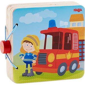 HABA 303776 Houten babyboek brandweer, stabiel houten boek vanaf 10 maanden, gemakkelijk vast te pakken pagina's van hout met kleurrijke brandweermotieven