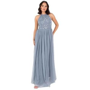 Maya Deluxe Dames maxi-jurk halternek mouwloos bloemen pailletten versierde tule A-lijn bruid galabal gala, poederblauw, maat 44, Blauw (Dusty Blue), 42