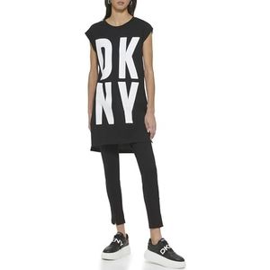 DKNY Dames Exploded Logo Cotton Blend Tunic T-Shirt, Blw - Blk/Wit, M