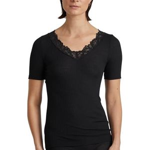 CALIDA - Silky Wool Joy - T-shirt - Zwart - Korte Mouwen - V-hals - Florale Kant