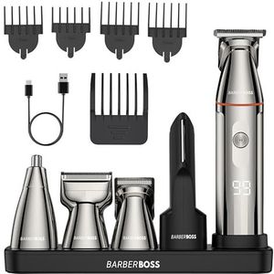 BarberBoss 5-in-1 baardtrimmer voor heren, verzorgingsset voor mannen, draadloze tondeuse, neus- en lichaamsscheerapparaat met led-display en USB-C-opladen, bodygroomer