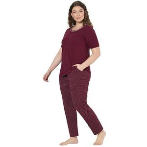 Ulla Popken Dames grote maten plus size pyjama, stippen, ronde hals, halve mouwen, wijnrood, 46-48