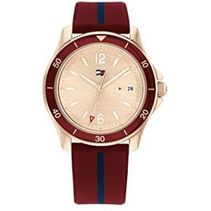 Tommy Hilfiger Analoge quartz horloge voor dames met bordeauxrode siliconen armband - 1782510, Lichtanjer Goud, riem