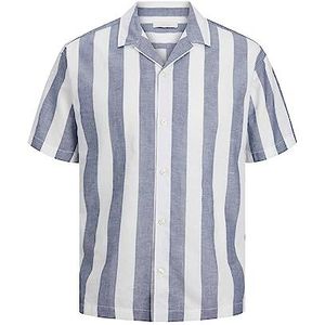 JACK & JONES Heren JPRSUMMER Linen Stripe Shirt S/S LN hemd, Navy Blazer/Stripes: relaxed fit, L, Navy Blazer/Stripes: relaxed fit, L